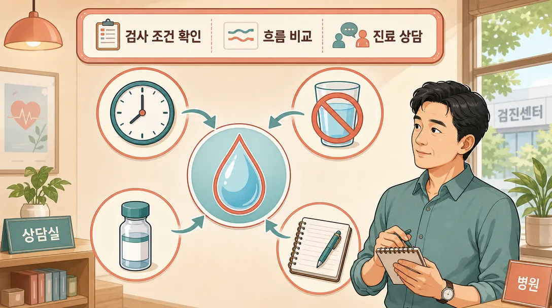 공복혈당 정상 수치 해석 흐름을 상징 아이콘으로 정리한 일러스트