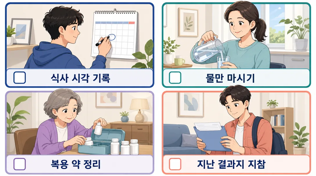 공복혈당 정상 수치 검사 전 준비 항목을 정리한 체크 카드 인포그래픽