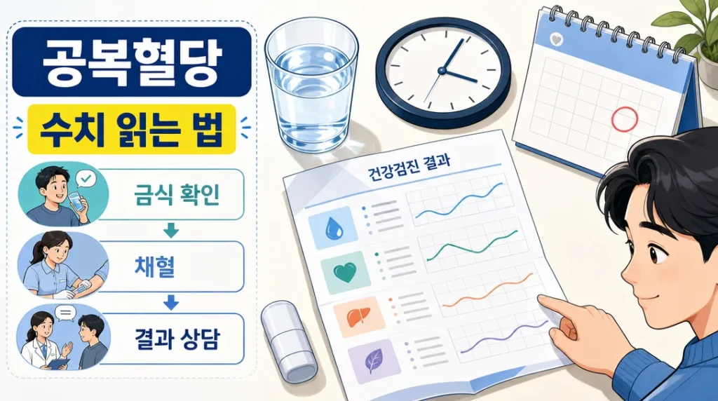 공복혈당 정상 수치 확인에 필요한 검진 결과지와 물컵 오브젝트 일러스트
