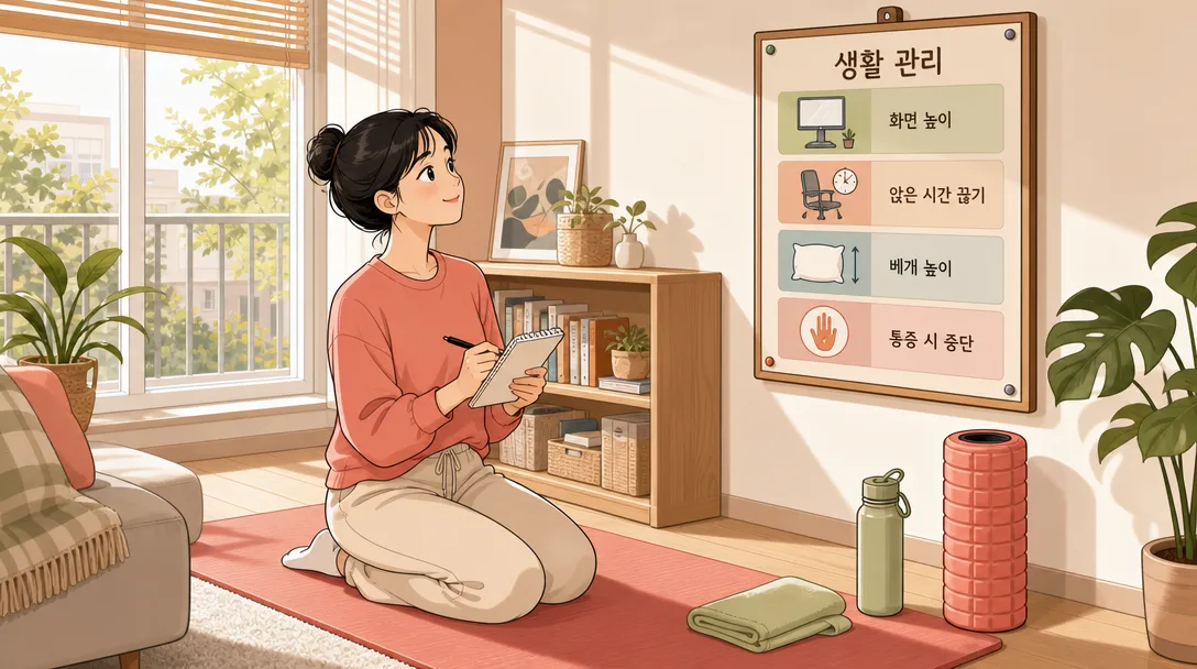 거북목 교정 운동 생활 관리 요령을 보여 주는 거실 스트레칭 일러스트