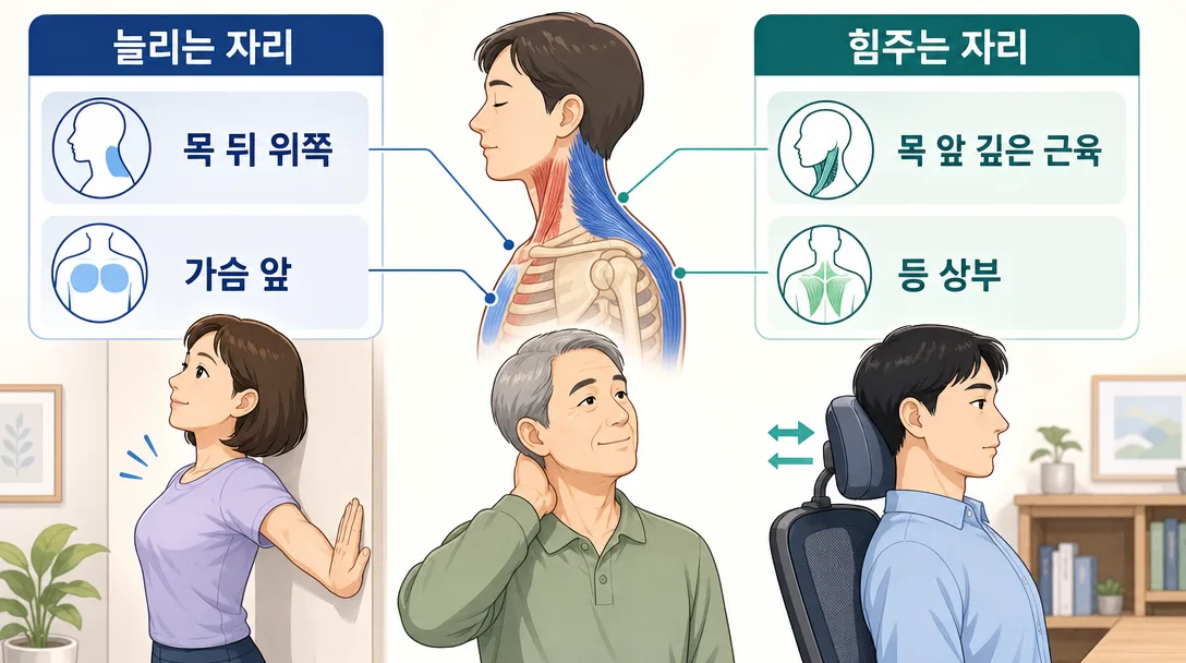 거북목 교정 운동에서 목 앞뒤 근육 역할 차이를 보여 주는 인포그래픽