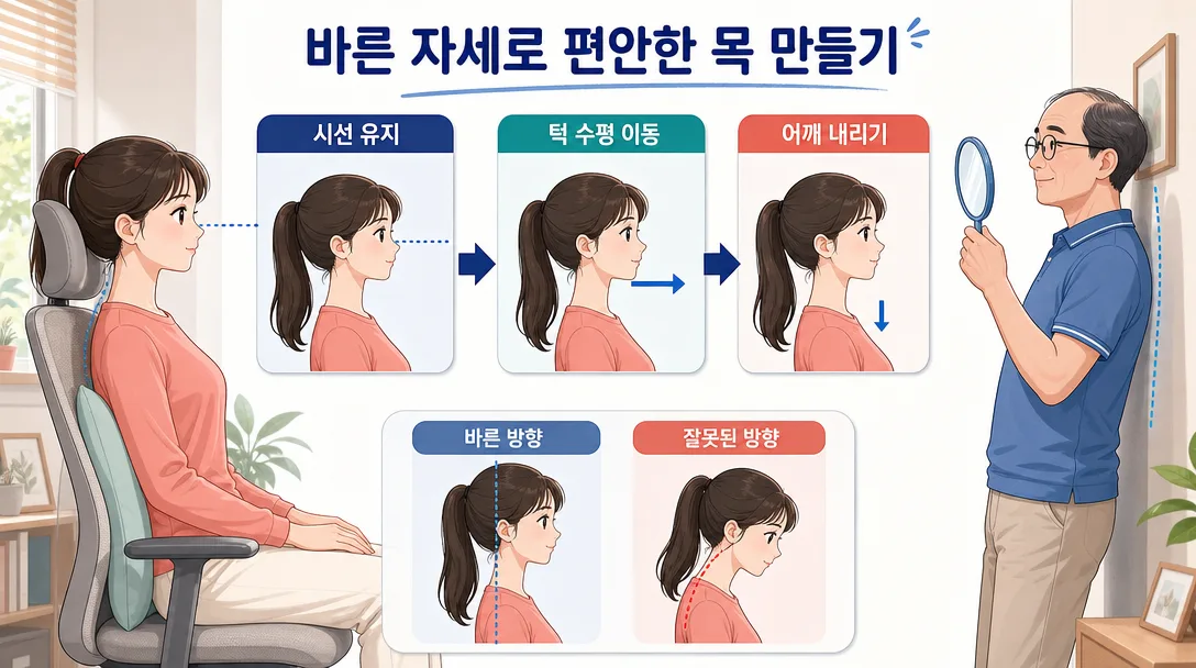 거북목 교정 운동 턱 당기기 동작 방향을 단계로 보여 주는 인포그래픽