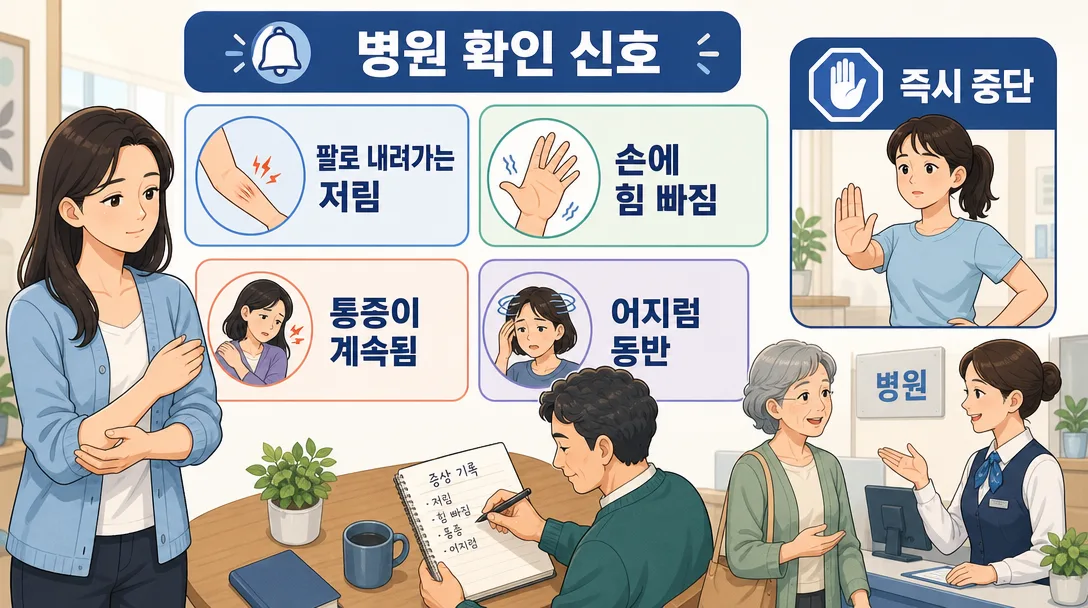 거북목 교정 운동 중 중단하고 병원 확인이 필요한 신호를 정리한 인포그래픽