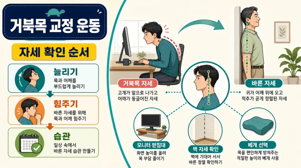 거북목 교정 운동 자세 대비와 확인 순서를 정리한 인포그래픽