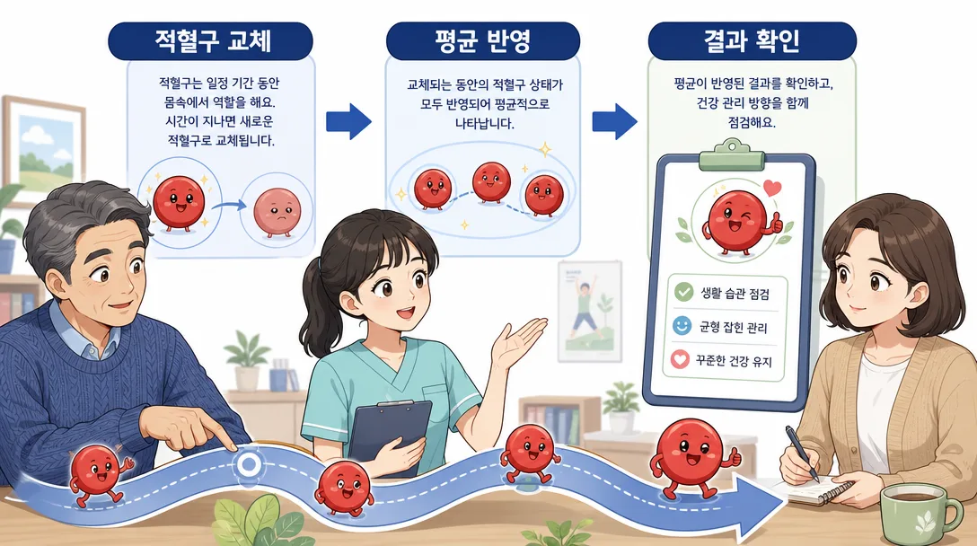 당화혈색소 수치가 몇 달치 평균을 반영하는 원리를 보여 주는 인포그래픽