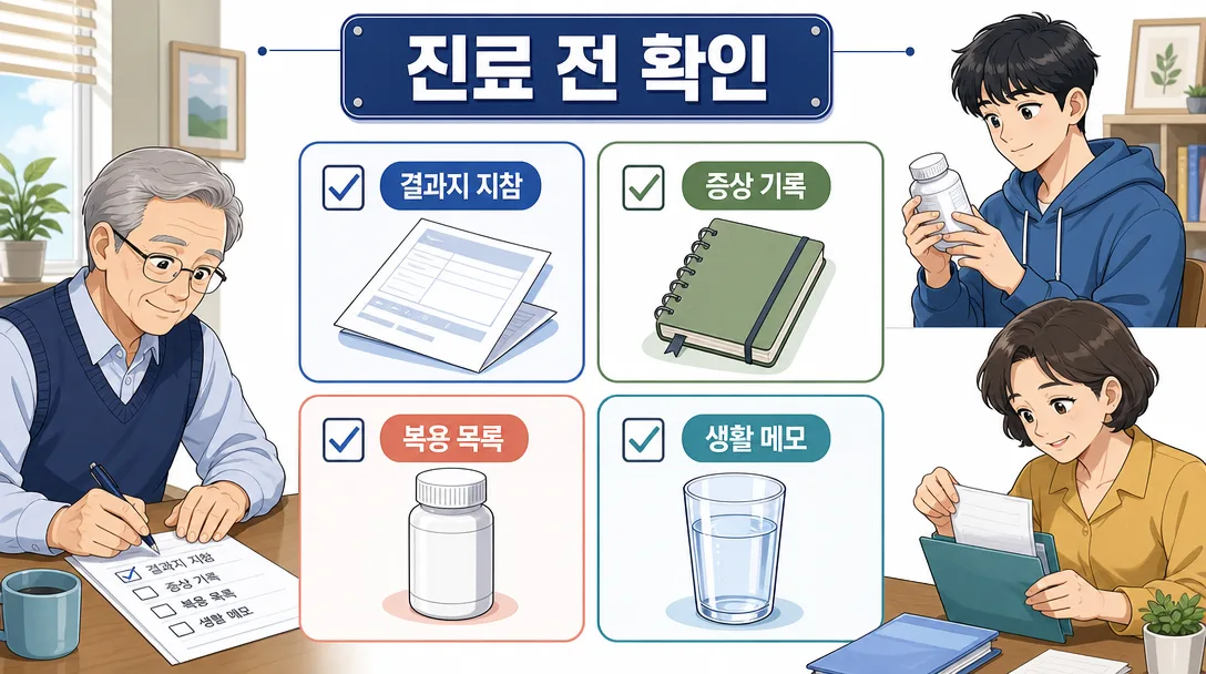 당화혈색소 수치 결과지를 들고 진료 전 확인할 항목을 정리한 인포그래픽