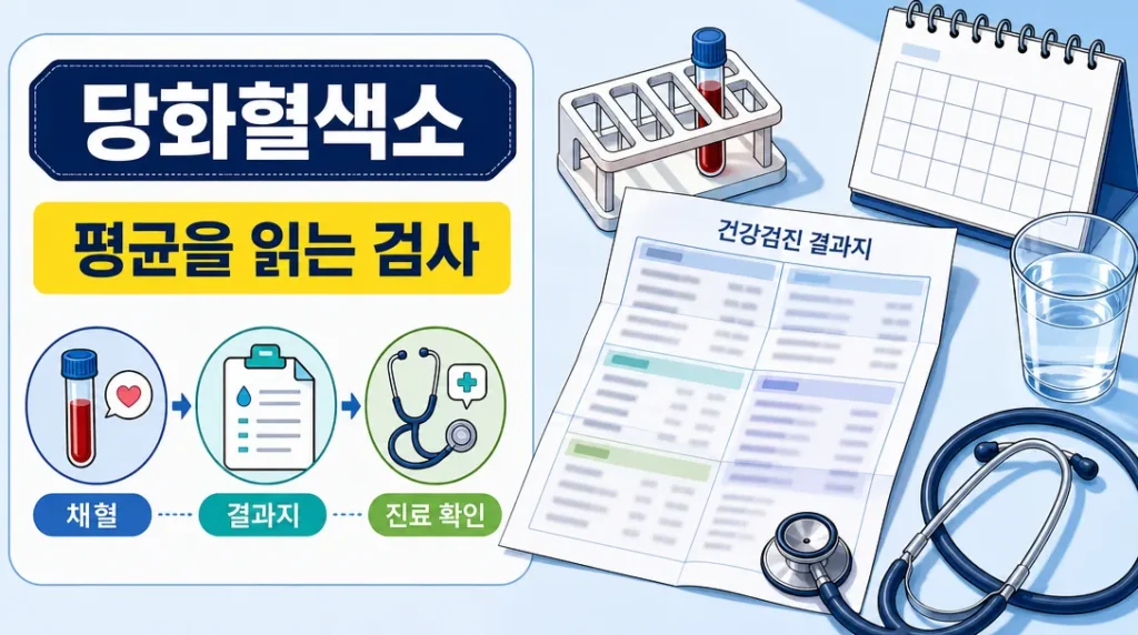 당화혈색소 수치 의미를 설명하는 검진 결과지와 채혈 도구 일러스트