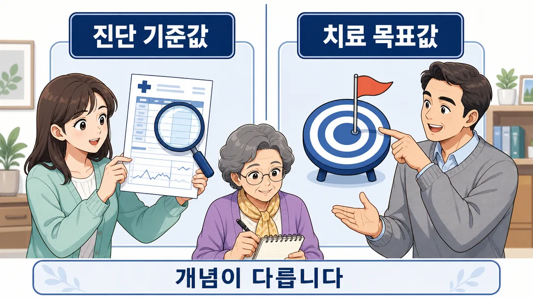 LDL 콜레스테롤 관리에서 진단 기준값과 치료 목표값의 차이를 보여주는 비교 그림