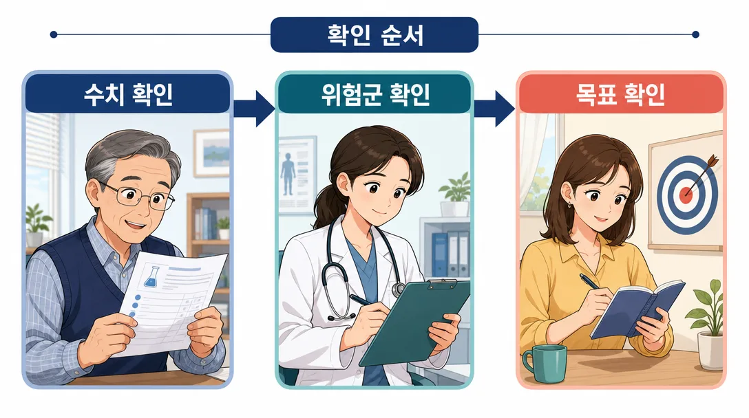 LDL 콜레스테롤 관리 목표를 위험군 순서로 정하는 3단계 흐름 그림