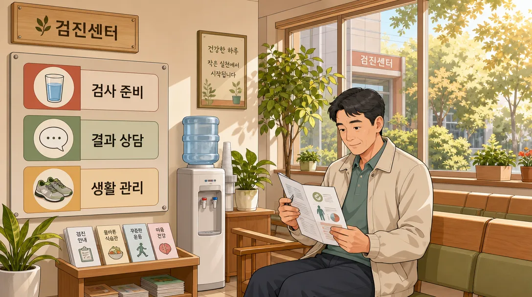 LDL 콜레스테롤 관리 상담을 앞두고 결과지를 확인하는 검진센터 대기 공간 일러스트