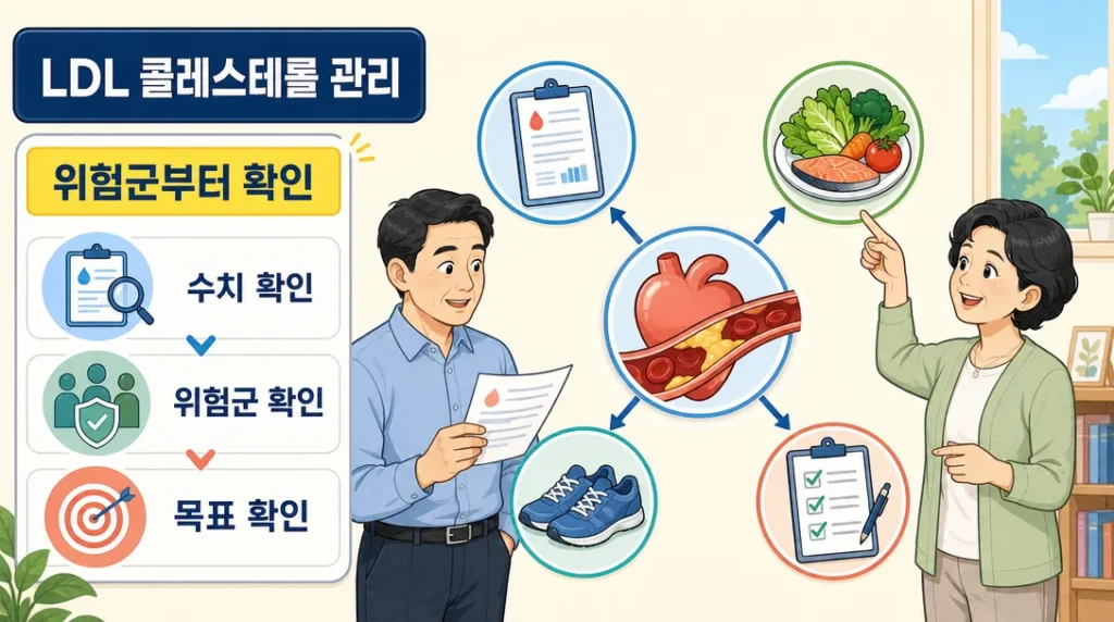 LDL 콜레스테롤 관리 목표를 위험군 순서로 확인하는 인포그래픽