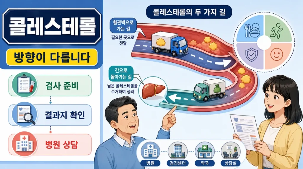 LDL HDL 차이를 운반 방향으로 설명한 인포그래픽