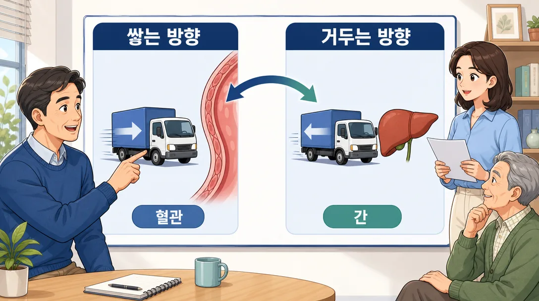 LDL HDL 차이를 짐차와 청소차로 비교한 인포그래픽