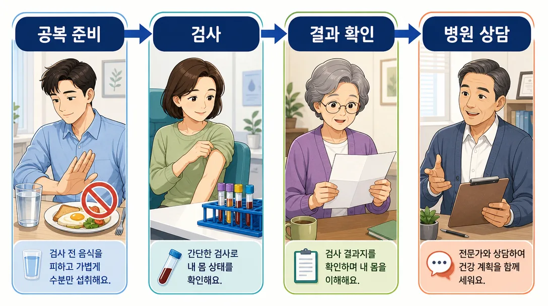 LDL HDL 차이 확인을 위한 검사 준비와 상담 흐름 인포그래픽