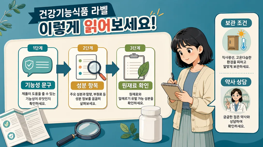 오메가3 고르는 법 표시사항 읽는 순서를 보여 주는 흐름 다이어그램 일러스트
