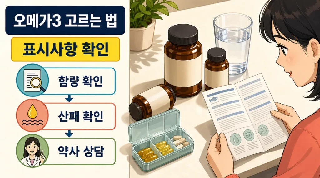 오메가3 고르는 법 안내 — 무지 라벨 영양제 병과 표시사항 확인 오브젝트 일러스트